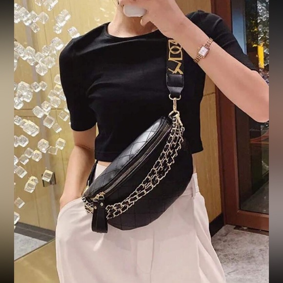 Luxe black vegan leather bum bag zipper chain Fanny pack ack crossbody bag - Picture 3 of 5